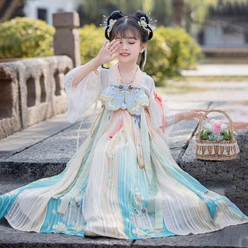 Лятото Цельнокроеное рокля с къс ръкав и набори за момичета в източнокитайско стил, Подобряване на Традиционната Рокля на Принцеса Тан Ханфу Костюм