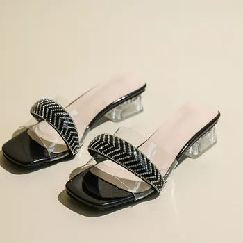 Модни черни летни сандали, дамски сандали с отворени пръсти, чехли на дебелите токчета, обувките-гладиатор с квадратни пръсти, дамски чехли, размер 35-42